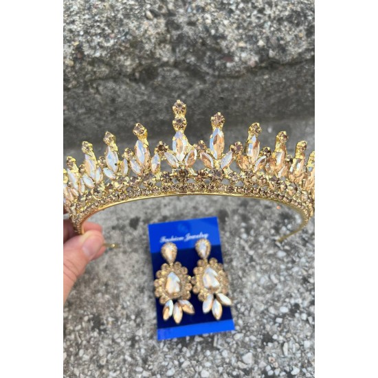 İvanna Gold Gelin Kına Tacı Özel Gün Aksesuar Kadın Taç Ve Üç Mekik Küpe Takımı-IVANA-33 İvanna Gold Gelin Kına Tacı Özel Gün Aksesuar Kadın Taç Ve Üç Mekik Küpe Takımı-IVANA-33