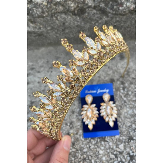 İvanna Gold Gelin Kına Tacı Özel Gün Aksesuar Kadın Taç Ve İnce Mekik Küpe Takımı-IVANA-34 İvanna Gold Gelin Kına Tacı Özel Gün Aksesuar Kadın Taç Ve İnce Mekik Küpe Takımı-IVANA-34