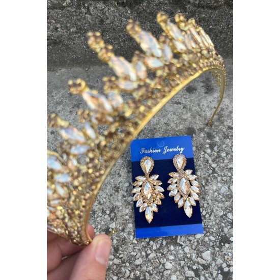 İvanna Gold Gelin Kına Tacı Özel Gün Aksesuar Kadın Taç Ve İnce Mekik Küpe Takımı-IVANA-34 İvanna Gold Gelin Kına Tacı Özel Gün Aksesuar Kadın Taç Ve İnce Mekik Küpe Takımı-IVANA-34