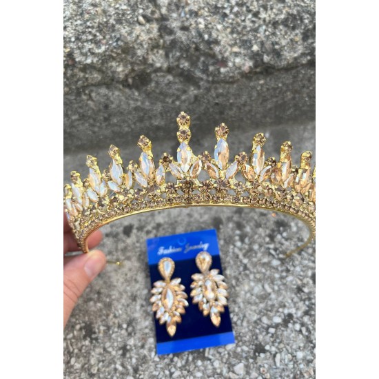 İvanna Gold Gelin Kına Tacı Özel Gün Aksesuar Kadın Taç Ve İnce Mekik Küpe Takımı-IVANA-34 İvanna Gold Gelin Kına Tacı Özel Gün Aksesuar Kadın Taç Ve İnce Mekik Küpe Takımı-IVANA-34