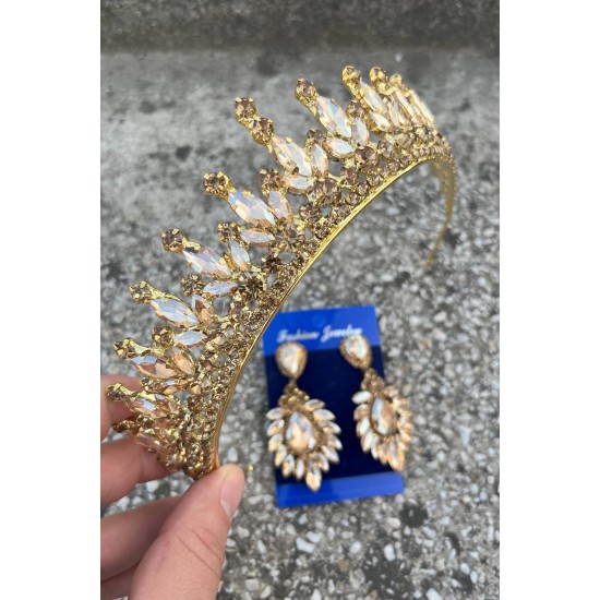 İvanna Gold Gelin Kına Tacı Özel Gün Aksesuar Kadın Taç Ve Geniş Mekik Küpe Takımı-IVANA-35 İvanna Gold Gelin Kına Tacı Özel Gün Aksesuar Kadın Taç Ve Geniş Mekik Küpe Takımı-IVANA-35