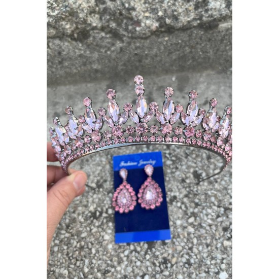 İvanna Pembe Gelin Kına Tacı Özel Gün Aksesuar Kadın Taç Ve Damla Mekik Küpe Takımı-IVANA-8 İvanna Pembe Gelin Kına Tacı Özel Gün Aksesuar Kadın Taç Ve Damla Mekik Küpe Takımı-IVANA-8