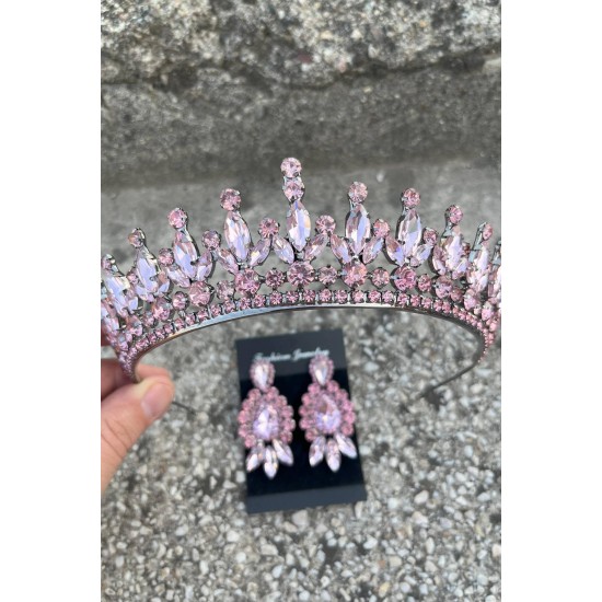 İvanna Pembe Gelin Kına Tacı Özel Gün Aksesuar Kadın Taç Ve Üç Mekik Küpe Takımı-IVANA-9 İvanna Pembe Gelin Kına Tacı Özel Gün Aksesuar Kadın Taç Ve Üç Mekik Küpe Takımı-IVANA-9