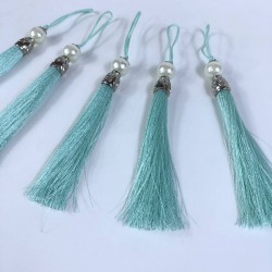 Su Yeşili Gümüş Kapaklı İncili Püskül 1 Adet Boy 12 Cm-KAPPUSKUL-18