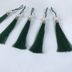 Koyu Yeşil Gümüş Kapaklı İncili Püskül 1 Adet Boy 12 Cm-KAPPUSKUL-26