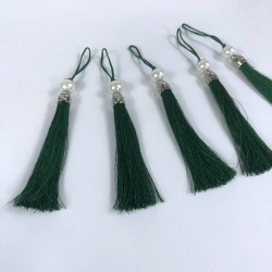 Koyu Yeşil Gümüş Kapaklı İncili Püskül 1 Adet Boy 12 Cm-KAPPUSKUL-26