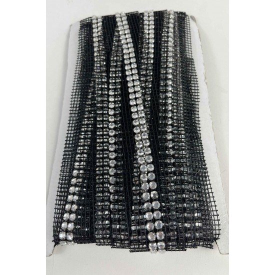 Siyah Zemin G&uuml;m&uuml;ş Taşlı File Şerit &ndash; Kristal Taşlı Dekoratif Kenar S&uuml;s&uuml; (1 Metre)-KBLY-1019