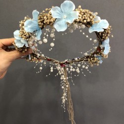 Krem Cipsolu ve Mavi Kuru Çiçekli Taç-KCT-1019