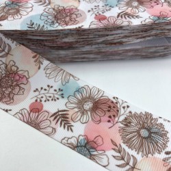 Pembe Mavi Çiçek Desenli Grogren Kurdele-KDL-1035