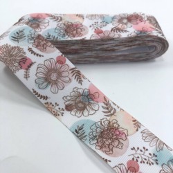 Pembe Mavi Çiçek Desenli Grogren Kurdele-KDL-1035