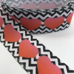 Siyah Kırmızı Büyük Kalp Desenli Grogren Kurdele-KDL-1044