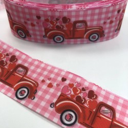 Pembe Kareli Kırmızı Arabalı Grogren Kurdele-KDL-1047