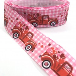 Pembe Kareli Kırmızı Arabalı Grogren Kurdele-KDL-1047