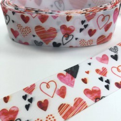 Sevgililer Günü Kırmızı Siyah Kalp Desenli Grogren Kurdele-KDL-1048