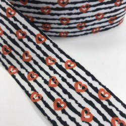 Siyah Beyaz Çizgili Küçük Kalp Desenli Grogren Kurdele-KDL-1050