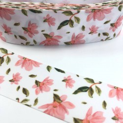 Açık Pembe Beyaz Çiçek Desenli Grogren Kurdele-KDL-1054