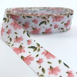 Açık Pembe Beyaz Çiçek Desenli Grogren Kurdele-KDL-1054