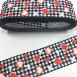 Siyah Kareli Küçük Kalpli Grogren Kurdele-KDL-1062