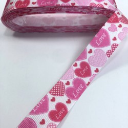 Pembe Fuşya Kalp Desenli Grogren Kurdele-KDL-1078