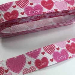 Pembe Fuşya Kalp Desenli Grogren Kurdele-KDL-1078