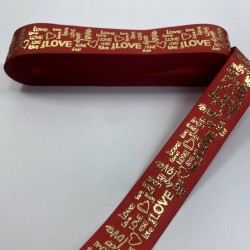 Kırmızı Gold Varak Desenli Love Yazılı Grogren Kurdele-KDL-1082 Kırmızı Gold Varak Desenli Love Yazılı Grogren Kurdele-KDL-1082