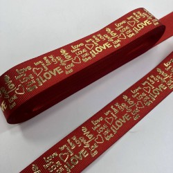 Kırmızı Gold Varak Desenli Love Yazılı Grogren Kurdele-KDL-1082 Kırmızı Gold Varak Desenli Love Yazılı Grogren Kurdele-KDL-1082