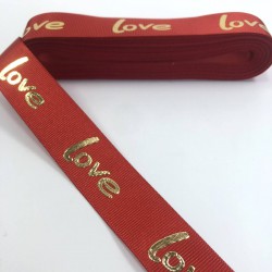 Kırmızı Varak Desenli Love Yazılı Grogren Kurdele-KDL-1083 Kırmızı Varak Desenli Love Yazılı Grogren Kurdele-KDL-1083