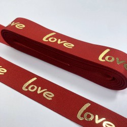 Kırmızı Varak Desenli Love Yazılı Grogren Kurdele-KDL-1083 Kırmızı Varak Desenli Love Yazılı Grogren Kurdele-KDL-1083