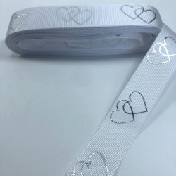 Beyaz Varak Baskılı Kalp Desenli Grogren Kurdele-KDL-1086
