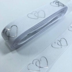 Beyaz Varak Baskılı Kalp Desenli Grogren Kurdele-KDL-1086