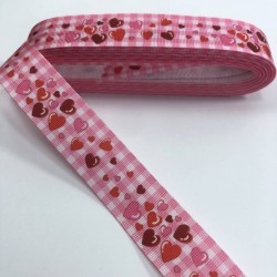 Pembe Kareli Küçük Büyük Kalp Desenli Grogren Kurdele-KDL-1092