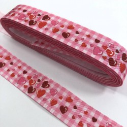 Pembe Kareli Küçük Büyük Kalp Desenli Grogren Kurdele-KDL-1092