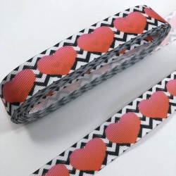 Siyah Beyaz Çizgili Büyük Kırmızı Kalp Desenli Grogren Kurdele-KDL-1096