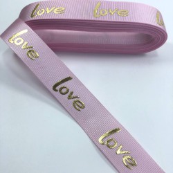 Pembe Gold Varak Baskılı Love Yazılı Grogren Kurdele-KDL-1101
