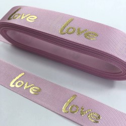 Pembe Gold Varak Baskılı Love Yazılı Grogren Kurdele-KDL-1101