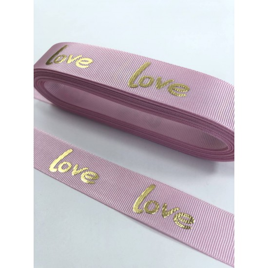 Pembe Gold Varak Baskılı Love Yazılı Grogren Kurdele-KDL-1101