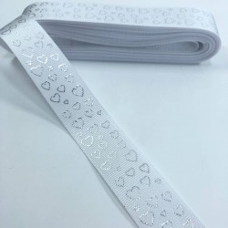 Beyaz Gümüş Varak Baskılı Kalp Desenli Grogren Kurdele-KDL-1102