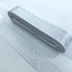 Beyaz Gümüş Varak Baskılı Kalp Desenli Grogren Kurdele-KDL-1102