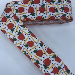 Kırmızı Elma Sarı Kalem Desenli Grogren Kurdele-KDL-1220 Kırmızı Elma Sarı Kalem Desenli Grogren Kurdele-KDL-1220