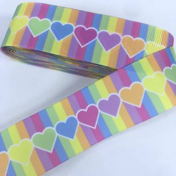 Sarı Pembe Mavi Kalp Desenli Grogren Kurdele-KDL-1241