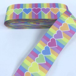 Sarı Pembe Mavi Kalp Desenli Grogren Kurdele-KDL-1241