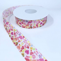 Pembe Fuşya İri Ufak Kalp Desenli Grogren Kurdele-KDL-2133