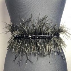 Siyah Tüylü Kristal Boncuklu Abiye Elbise Kemeri Bel Aksesuarı-KEMER-15