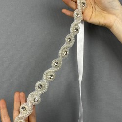 Krem Su Yolu Abiye Elbise Aksesuarı Taşlı Bel Kemeri Aksesuarı-KEMER-24