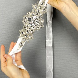 Gümüş Rengi Şal Desenli Taşlı Abiye Elbise Kemeri-KEMER-28