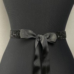 Siyah Boncuk İşlemeli Taşlı Zincirli Abiye Elbise Bel Kemeri Bel Aksesuarı-KEMER-53