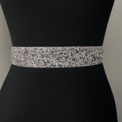 Gümüş Parlak Sık Boncuk İşlemeli Taşlı Abiye Elbise Bel Kemeri Bel Aksesuarı-KEMER-57