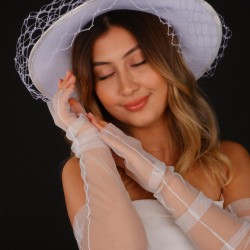 Kırık Beyaz Vualet Nikah Şapkası Emma Tüllü Gelin Aksesuarı Tül Eldiven-KEPELDIVEN-1001