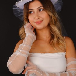 Beyaz İzlem Nikah Şapkası Vualet Gelin Aksesuarı Ve Gelin Eldiveni-KEPELDIVEN-1005