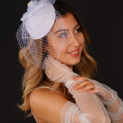 Kırık Beyaz Sare Nikah Şapkası İncili Gelin Aksesuarı Ve Gelin Eldiveni Takımı-KEPELDIVEN-1017